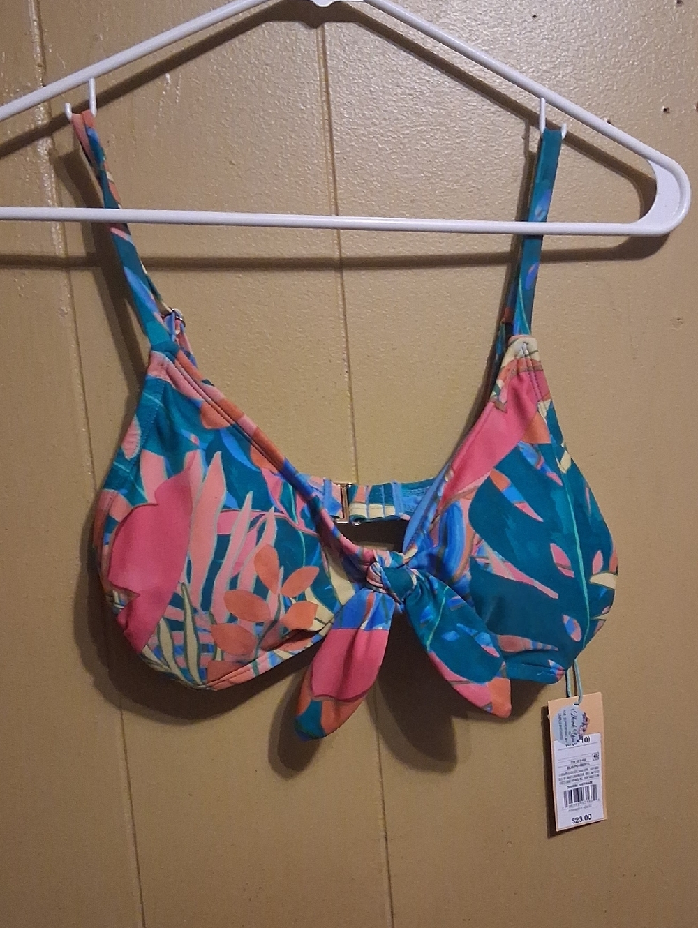Kona Sol Pink & Teal Tropical Tie-Front Bikini Top
